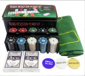 China OEM Texas Hold 'Em Poker Set Blackjack Game With 200 Chips Tablecloth In Tinplate Box on sale