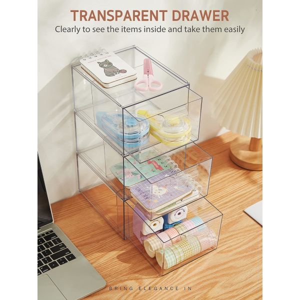 Stackable Makeup Organizer Drawers, 4.4'' Tall Acrylic Bathroom Storage Drawer, Cosmetics Storage Box for Vanity
