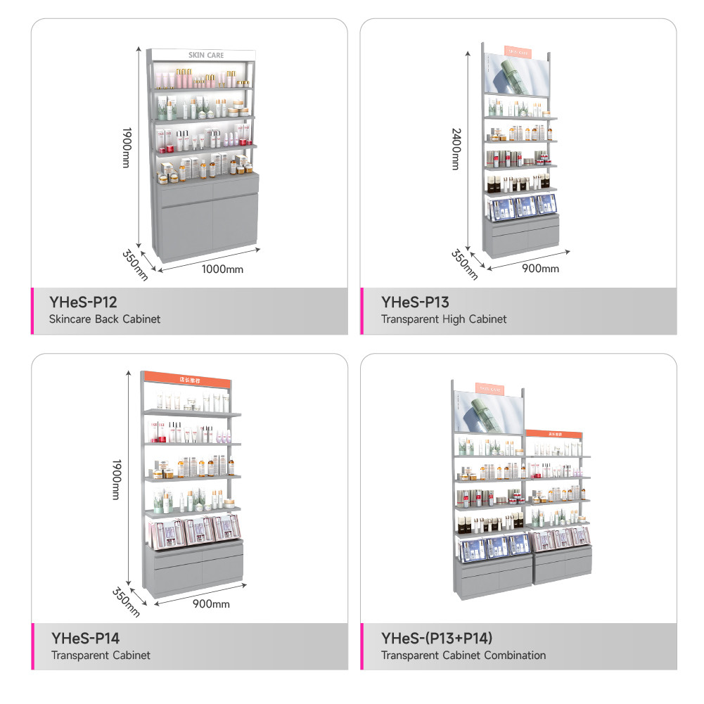 Gray Wooden Display Cabinet Multilayer Store Rack With Light-box For Skincare Store Design
