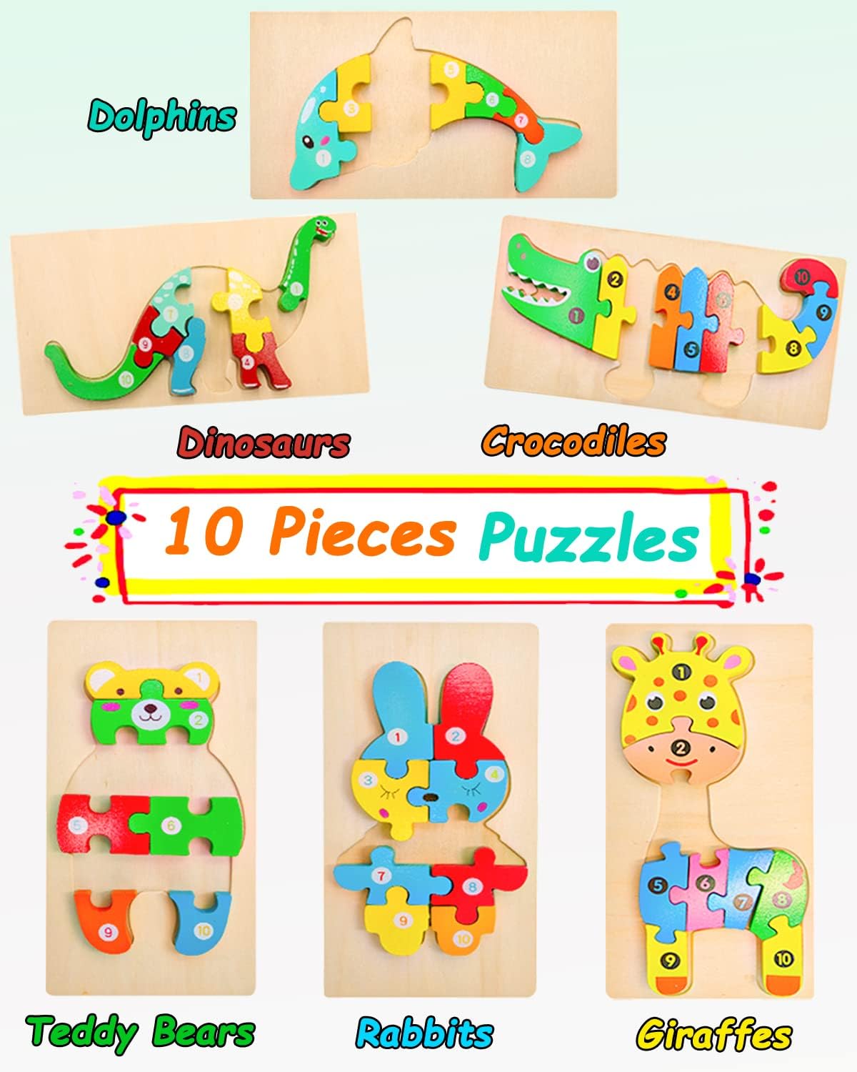 Montessori Wooden Toddler Puzzles for Boys Girls Ages 1-4 6 Pack Animal Learning Toys
