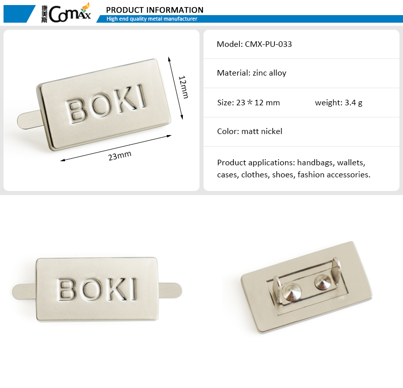 Customized Handbag Metal Label with Eco-friendly Material and Matt Nickel Plated Finish