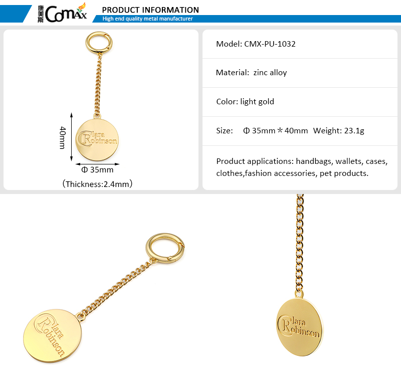 Custom Round Gold Plated Logo Tag Metal Hanging Tag for Handbag Fashion Engraved Name