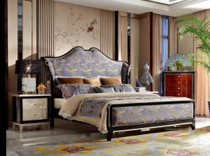 China Neoclassic design of Luxury Bedroom sets High end Bed Headboard in Glossy black wood with Golden painting Nightstands on sale