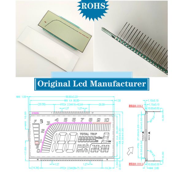 HTN Custom E-bike LCD Display Monochrome 46 Pin Transflective 7 Segment LCD Screen with 6 O'clock Viewing Angle