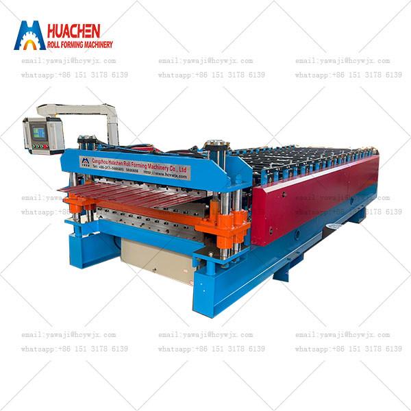 Cheap Metal Double Layer HC6/22  Trapezoid Roof Tile Making Roll Forming Machine Upper Level Mini Peak for sale