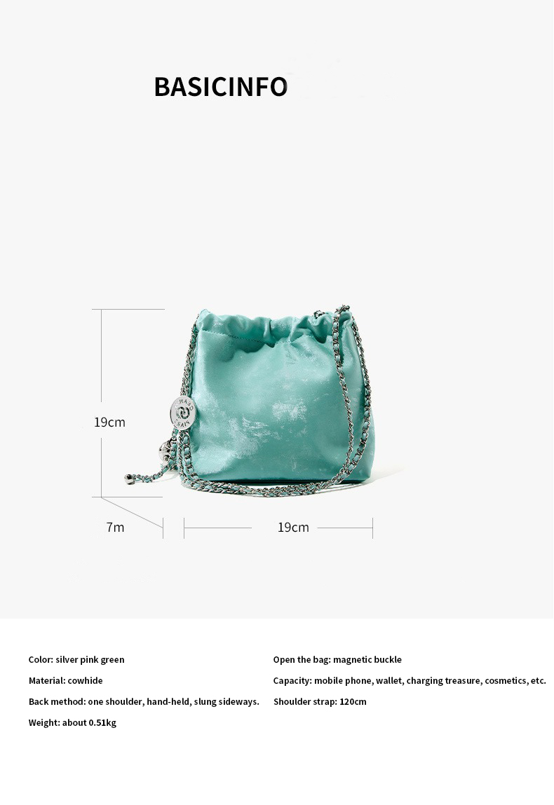 Women's Mini Bucket Bags with String Chain and Waterproof Design Bright Shiny Leather