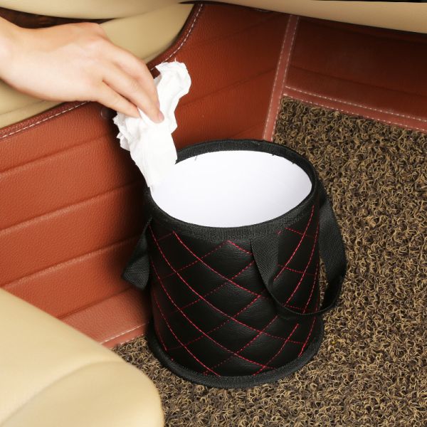 Custom Logo Car Accessories Trash Bin , PU Leather Waste Bin 15 * 15 * 17CM