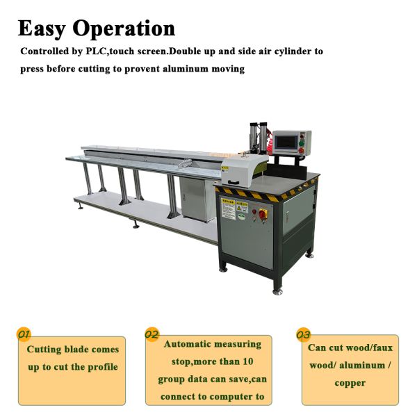 Automatic measuring aluminum cutting machine close-up