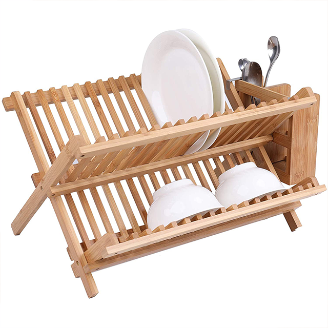 BAMBOO Rectangle Folding Plates Cups Stand Holder Collapsible Dish Drying Drainer Rack