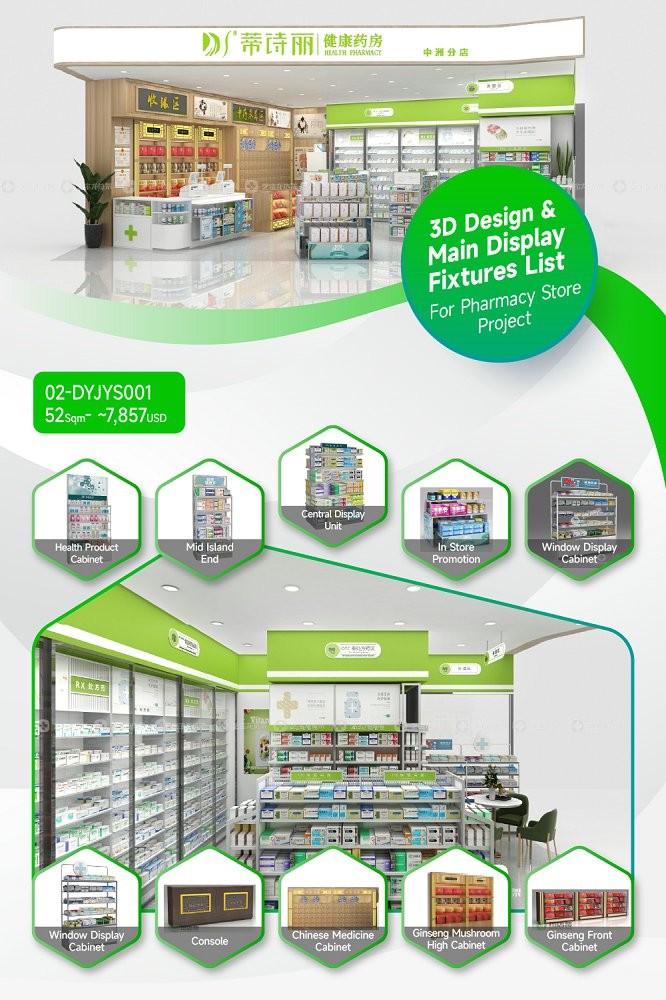 02-DYJYS001, Elegant and Simple Style Pharmacy Store in Shenzhen featuring 22 Main Fixtures within 52 Sqm and Approx. $7,857 Budget