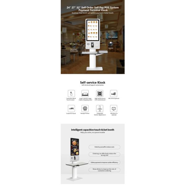 Palmprint Reader 24" 32" POS Touch Screen Automated Self Service Kiosk with Tray Printer QR Code Scanner for Supermarket