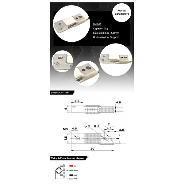 SC132 Miniature Load Cell for Hanging Weigh Scale 2kg Capacity Screw Installation Small and Miniature Parallel Beam Type