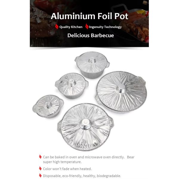 Disposable Round Aluminum Foil Pot Heavy Duty Foil Cooking Pot with Foiled Cover