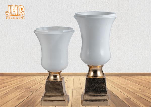Glossy White Modern Fiberglass Planters Centerpiece Table Vases Gold Leaf