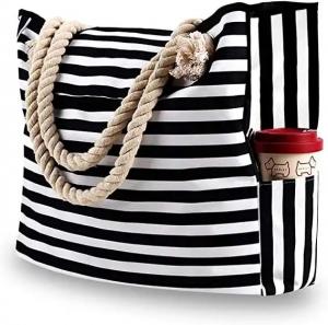 Quality Custom Printed Waterproof Stripe Cotton Canvas Beach Bag With Grommet Rope Handle wholesale