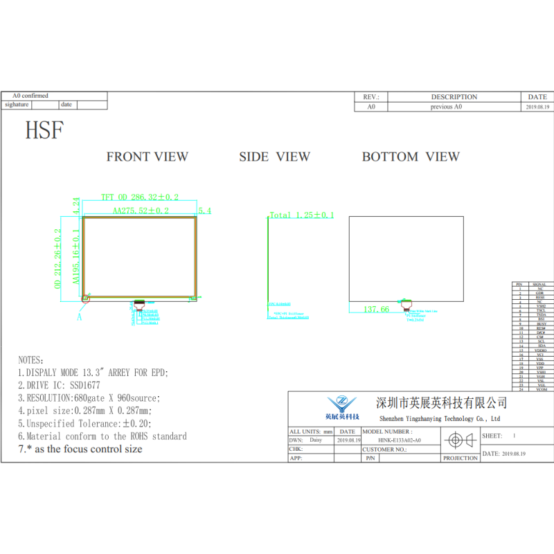 13.3 Inch E-paper Display 960*680 Resolution 24pin Low Power Consumption E-Ink Screen