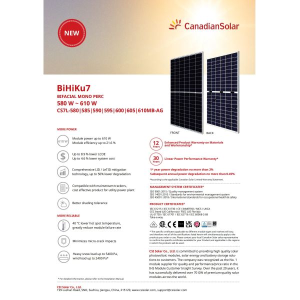 580W 585W Canadian Solar Panel 605W 610W Roof Mounted Solar Panels