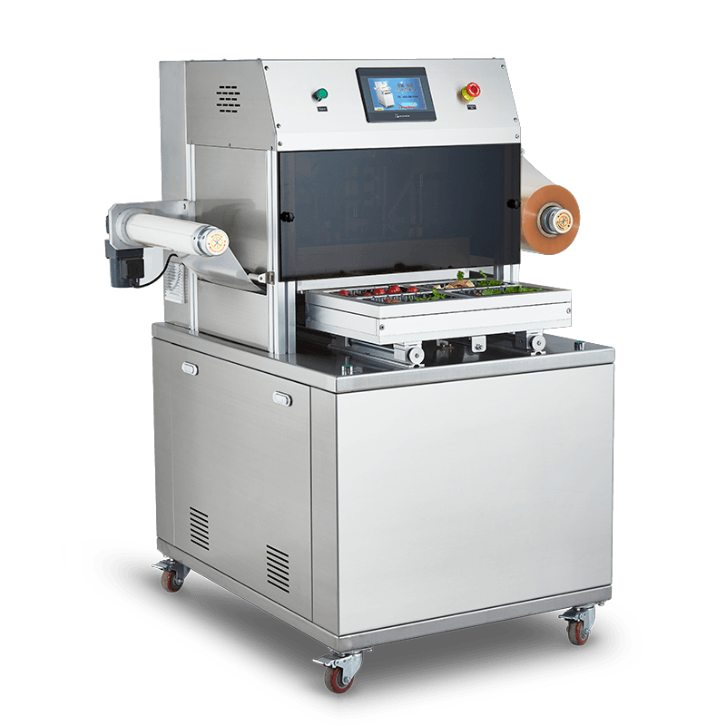 Automatic Vertical Tray Sealer DQ400L-V with Food Grade 304 Stainless Steel and 6061 Anodized Aluminum Mold for Vacuum Displacement Packaging