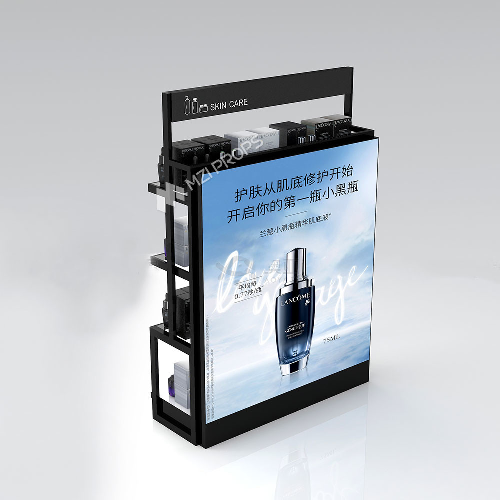 Wooden & Iron Middle Hall Side Display Stand Skincare Shop Display Shelves With Lightbox For Cosmetic Shop Interior Design
