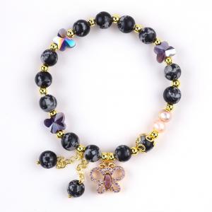 China 8MM Healing Natural Stone Snowflake Obsidian With Purple  Butterfly Charm Bead Bracelet on sale