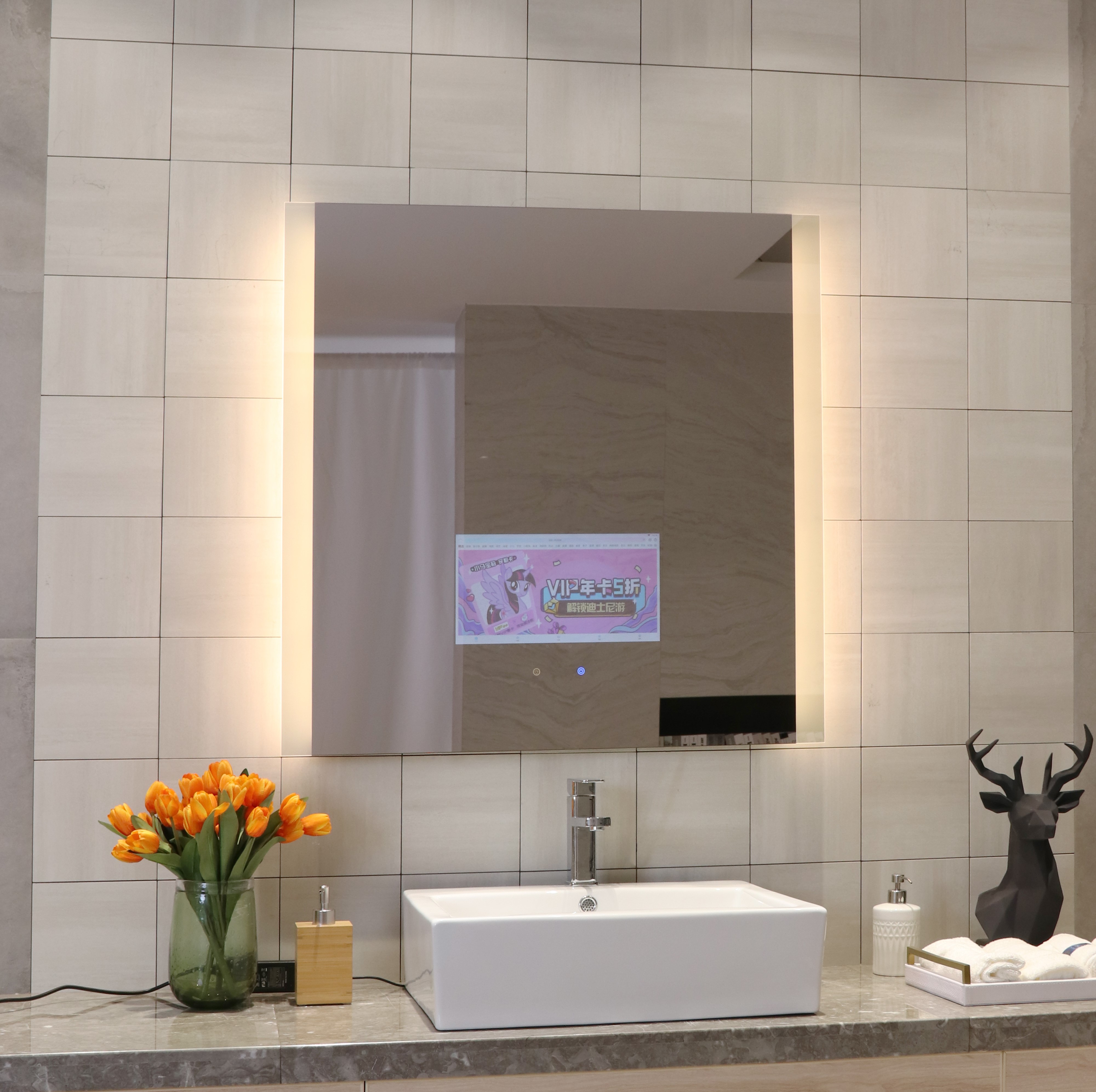 Frameless Illuminated Bathroom Wall Mirror With Touch Screen LCD TV And Defogger